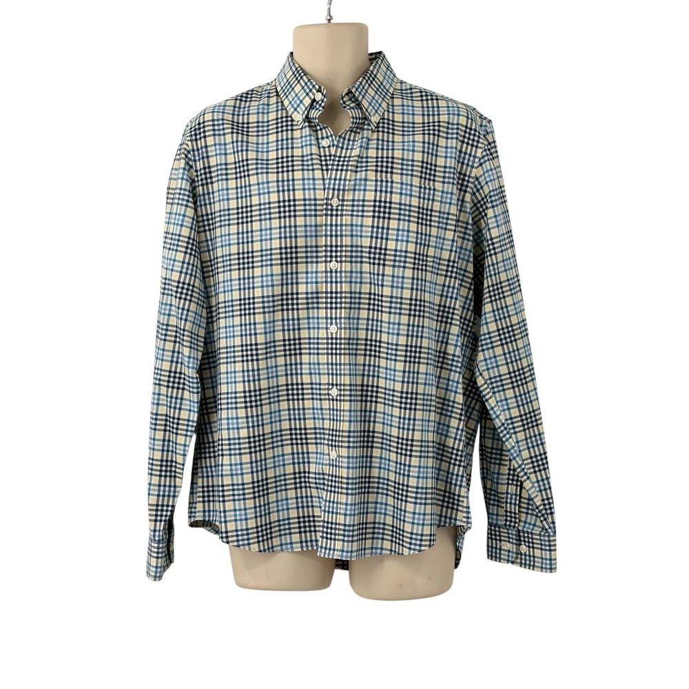 LL Bean Mens Long Sleeve Button Down Shirt Slim Wrinkle Free Blue Yellow Plaid L